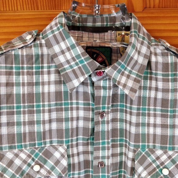 One90One Plaid Button-Up Shirt MED Velvet Trim Snap Grommet Zipper Detail - Picture 3 of 7